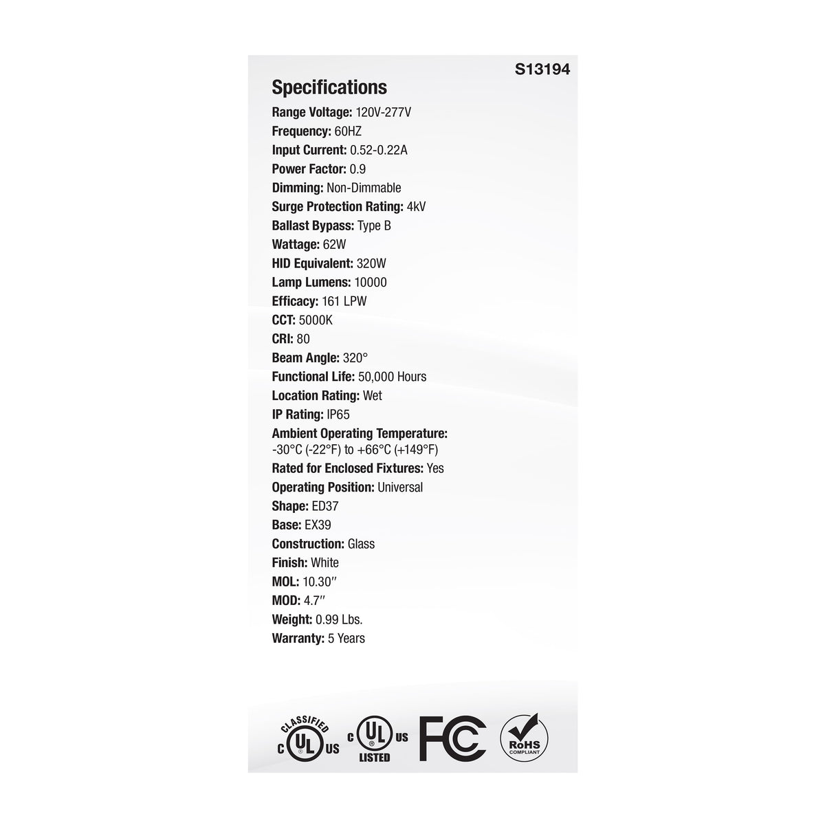 62 Watt LED HID Replacement - ED37 - 5000K - Extended Mogul Base - White - 120-277 Range Voltage