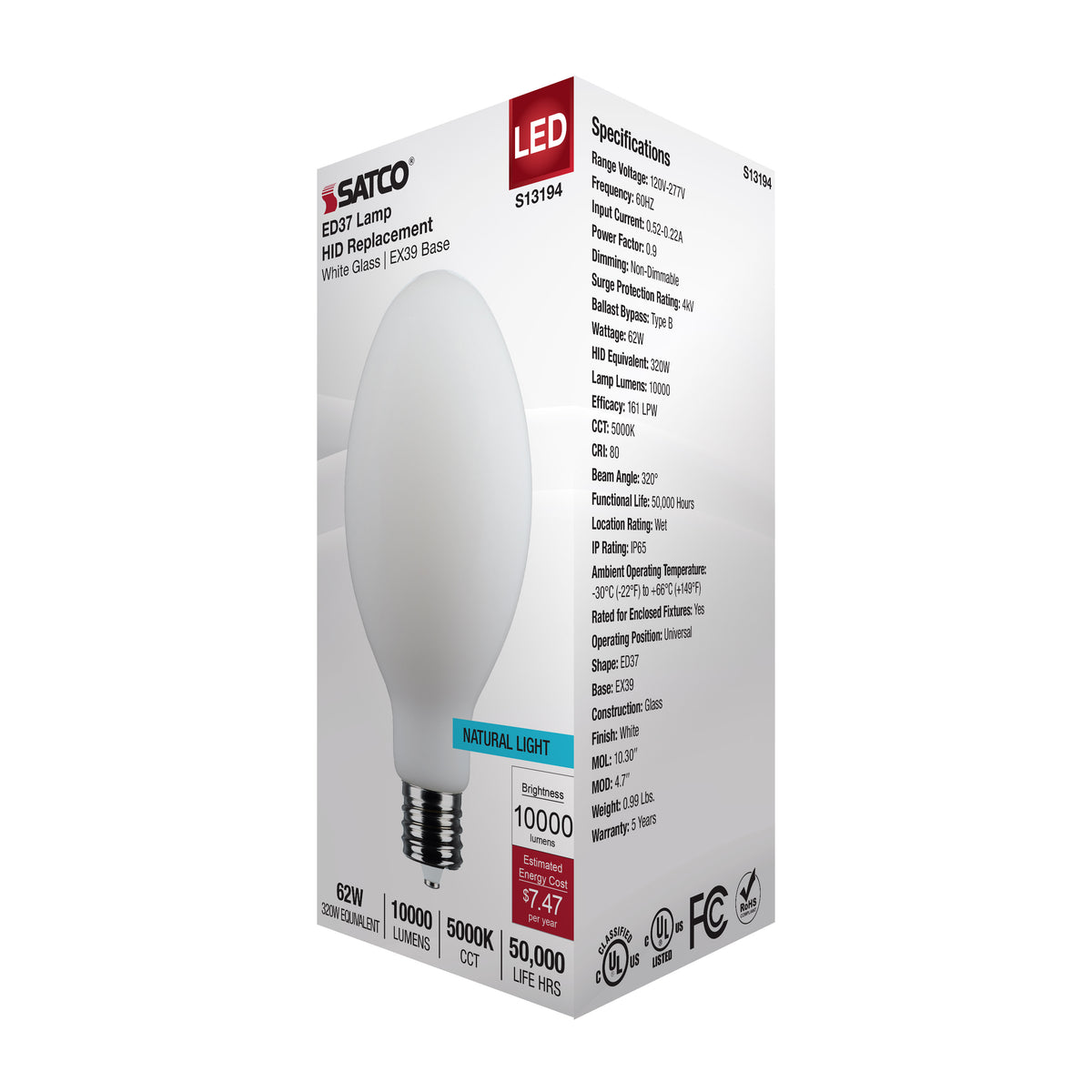 62 Watt LED HID Replacement - ED37 - 5000K - Extended Mogul Base - White - 120-277 Range Voltage