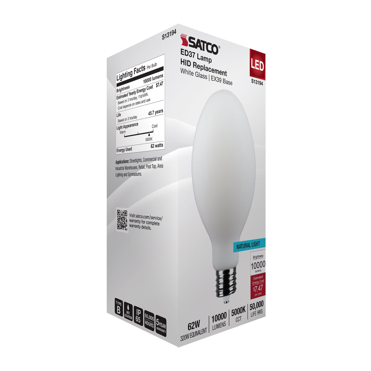 62 Watt LED HID Replacement - ED37 - 5000K - Extended Mogul Base - White - 120-277 Range Voltage