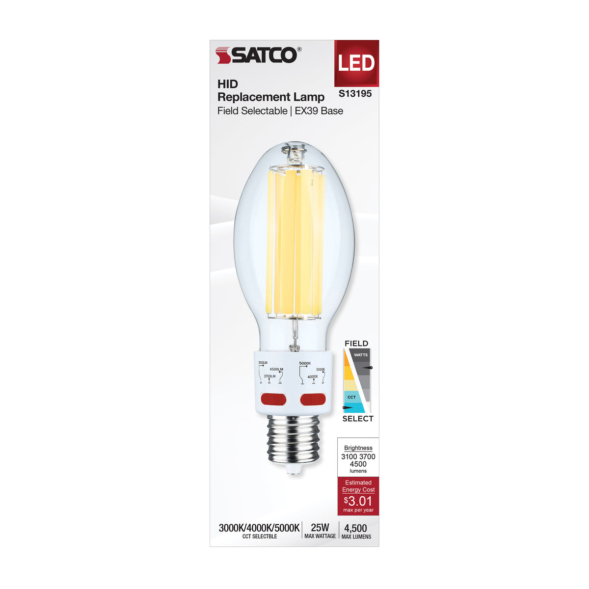 17/20.5/25 Wattage Selectable LED HID Replacement - ED28 - 3000K/4000K/5000K CCT Selectable - Mogul Extended Base - Clear - 120-277 Range Voltage