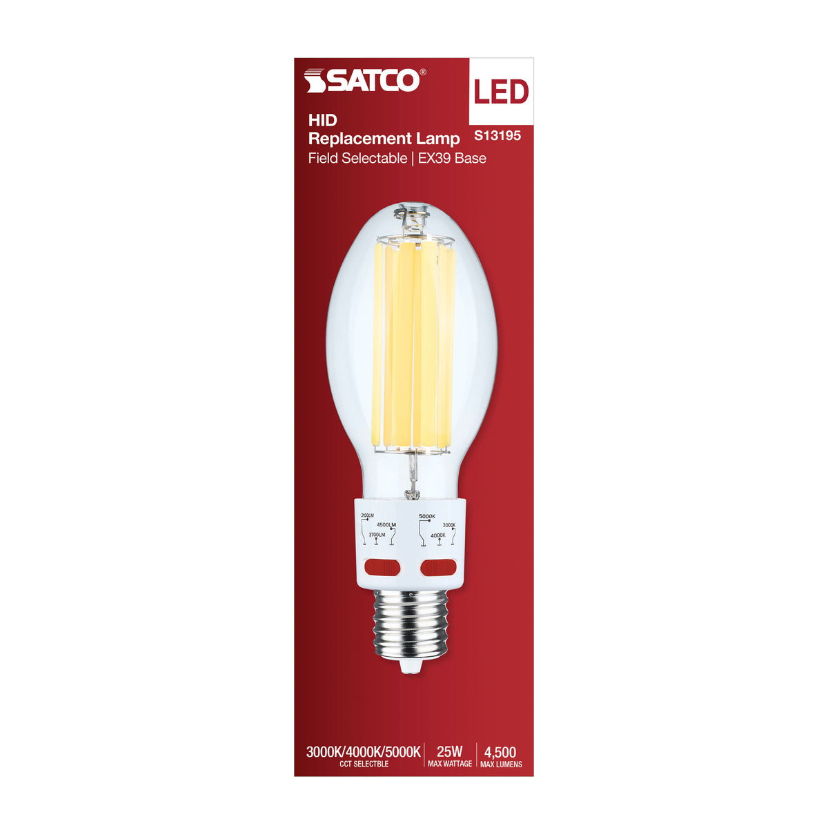 17/20.5/25 Wattage Selectable LED HID Replacement - ED28 - 3000K/4000K/5000K CCT Selectable - Mogul Extended Base - Clear - 120-277 Range Voltage
