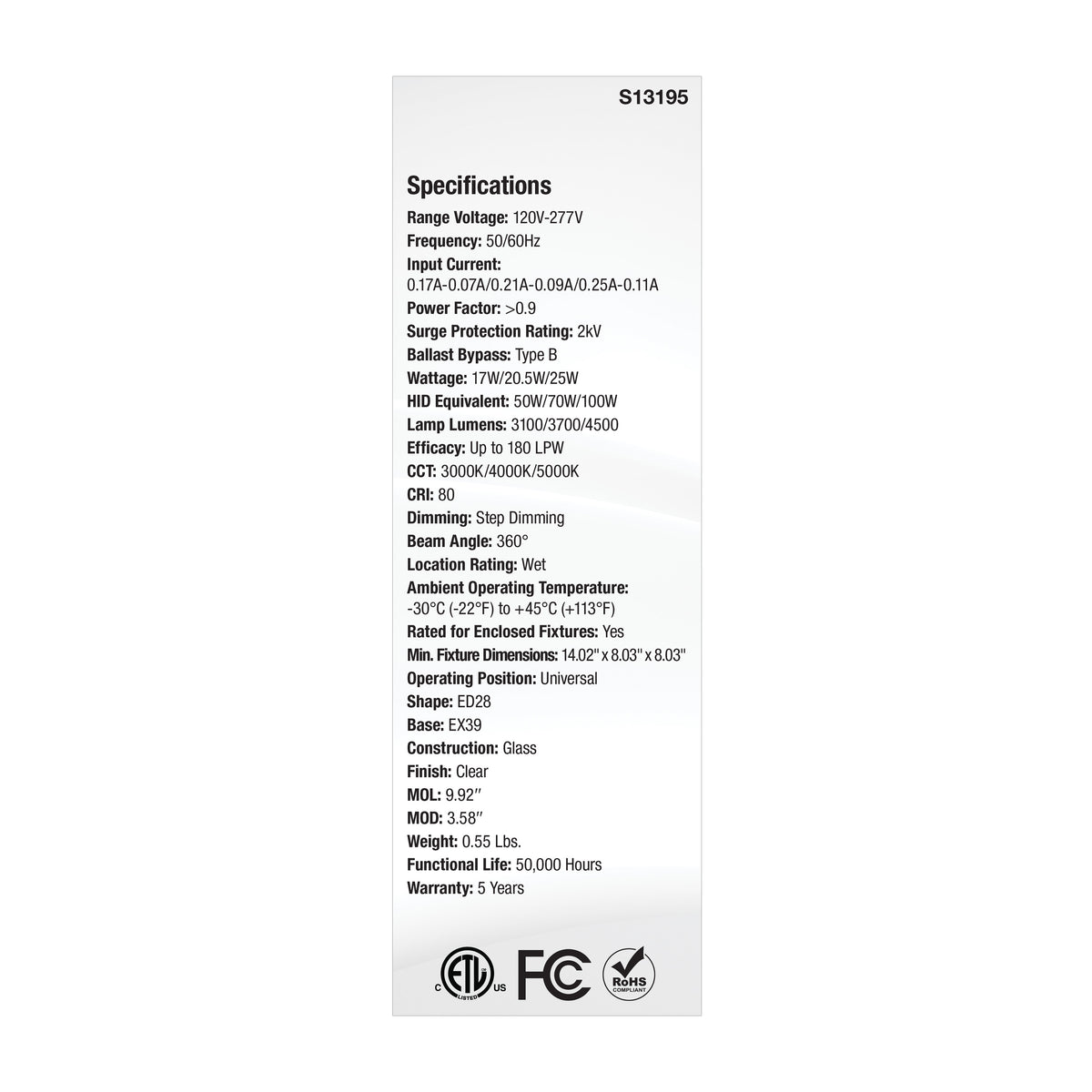 17/20.5/25 Wattage Selectable LED HID Replacement - ED28 - 3000K/4000K/5000K CCT Selectable - Mogul Extended Base - Clear - 120-277 Range Voltage