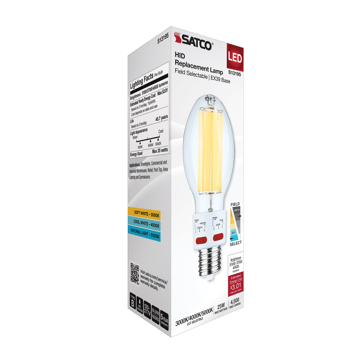 17/20.5/25 Wattage Selectable LED HID Replacement - ED28 - 3000K/4000K/5000K CCT Selectable - Mogul Extended Base - Clear - 120-277 Range Voltage