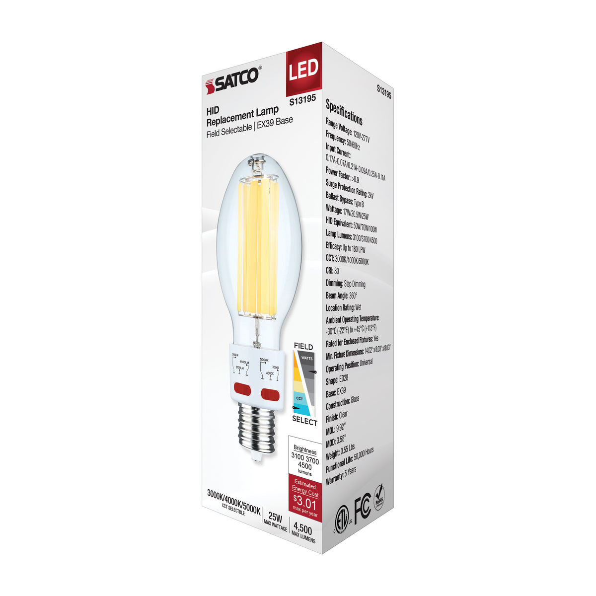 17/20.5/25 Wattage Selectable LED HID Replacement - ED28 - 3000K/4000K/5000K CCT Selectable - Mogul Extended Base - Clear - 120-277 Range Voltage