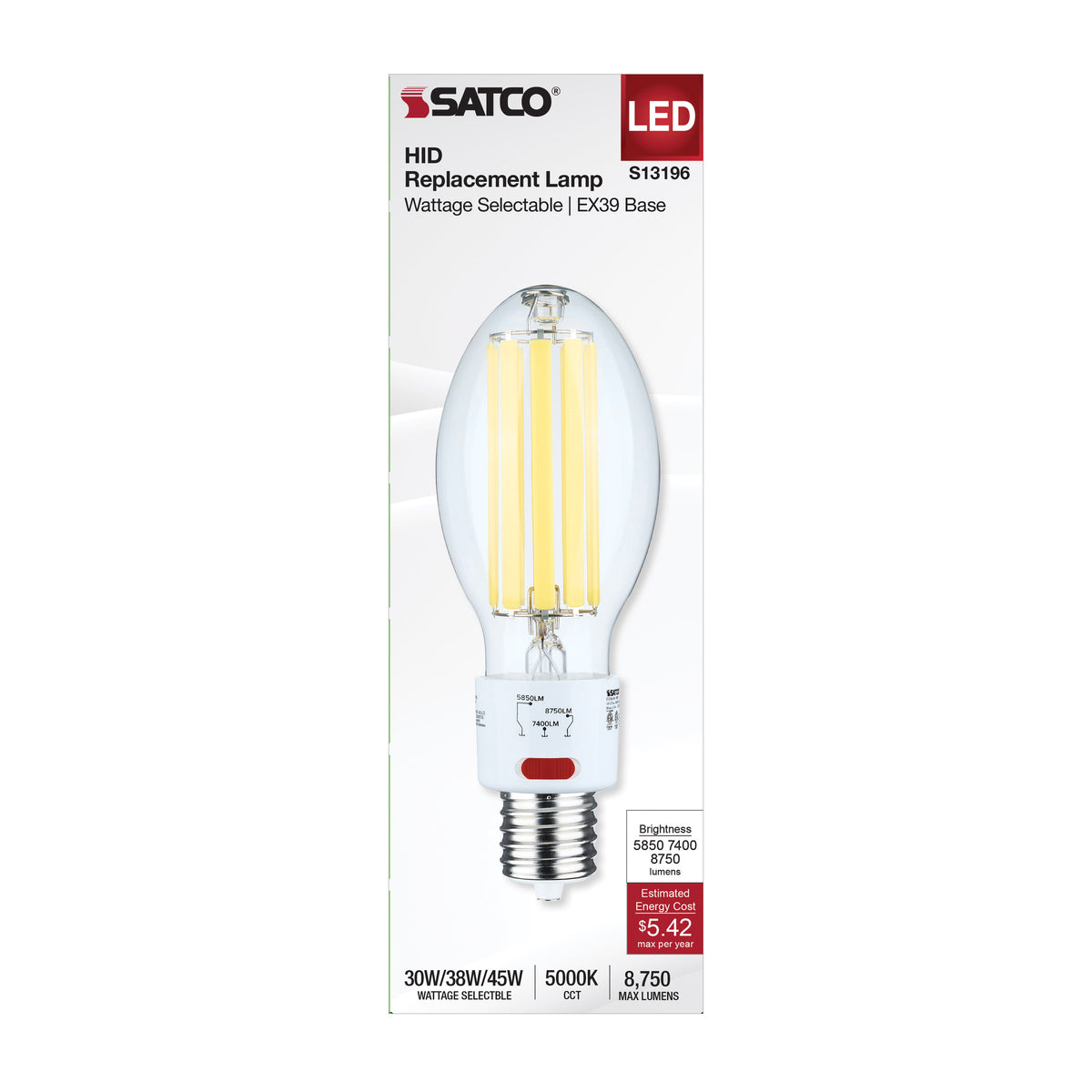 30/38/45 Wattage Selectable LED HID Replacement - ED28 - 5000K - Mogul Extended Base - Clear - 120-277 Range Voltage