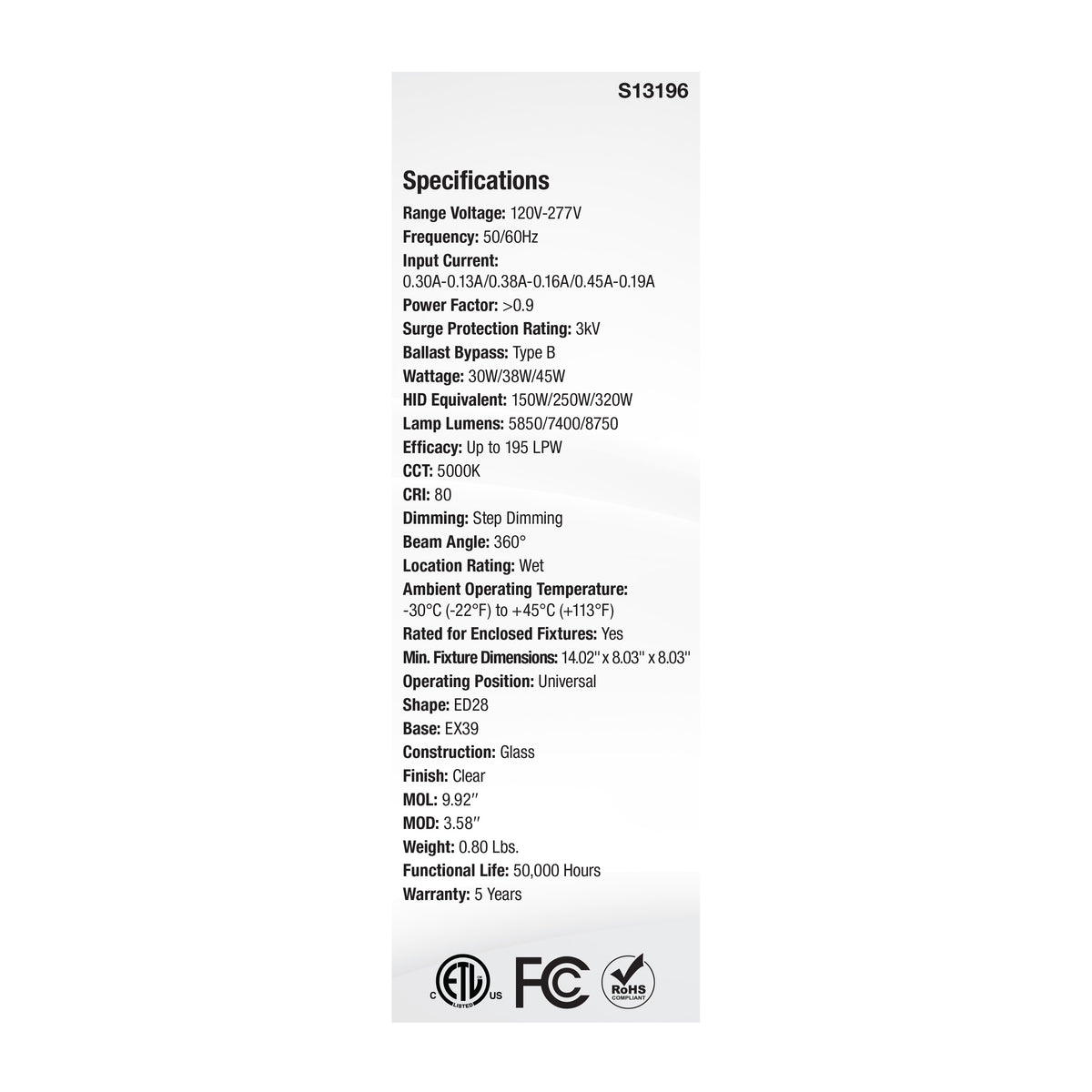 30/38/45 Wattage Selectable LED HID Replacement - ED28 - 5000K - Mogul Extended Base - Clear - 120-277 Range Voltage