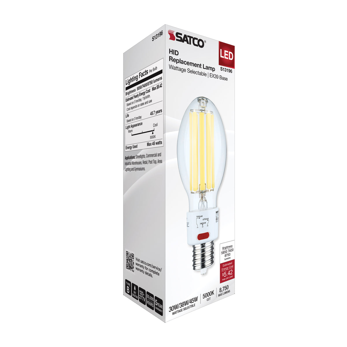 30/38/45 Wattage Selectable LED HID Replacement - ED28 - 5000K - Mogul Extended Base - Clear - 120-277 Range Voltage
