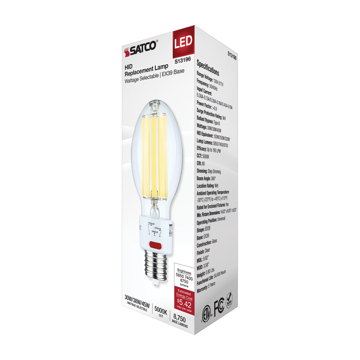 30/38/45 Wattage Selectable LED HID Replacement - ED28 - 5000K - Mogul Extended Base - Clear - 120-277 Range Voltage