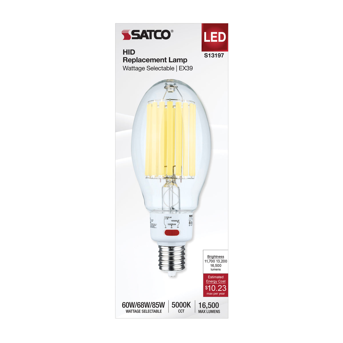 60/68/85 Wattage Selectable LED HID Replacement - ED37 - 5000K - Mogul Extended Base - Clear - 120-277 Range Voltage