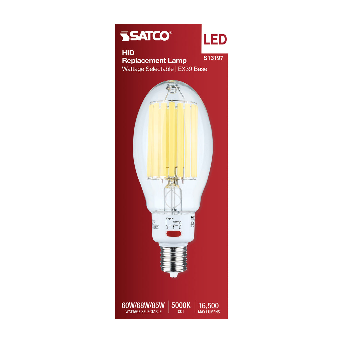 60/68/85 Wattage Selectable LED HID Replacement - ED37 - 5000K - Mogul Extended Base - Clear - 120-277 Range Voltage