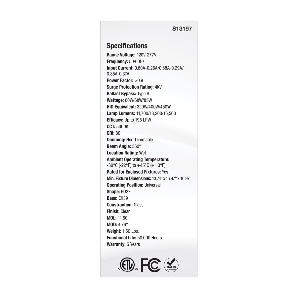 60/68/85 Wattage Selectable LED HID Replacement - ED37 - 5000K - Mogul Extended Base - Clear - 120-277 Range Voltage
