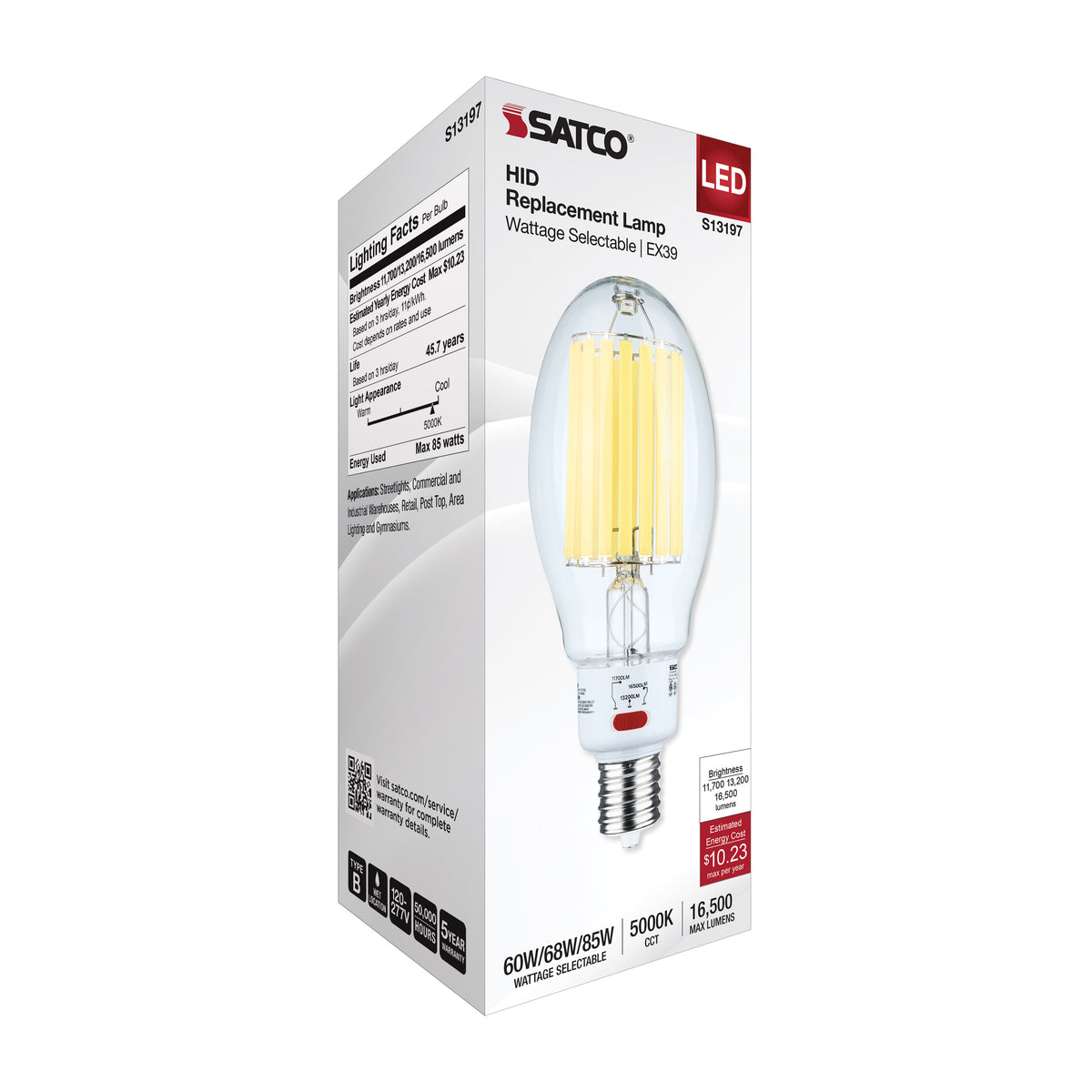 60/68/85 Wattage Selectable LED HID Replacement - ED37 - 5000K - Mogul Extended Base - Clear - 120-277 Range Voltage