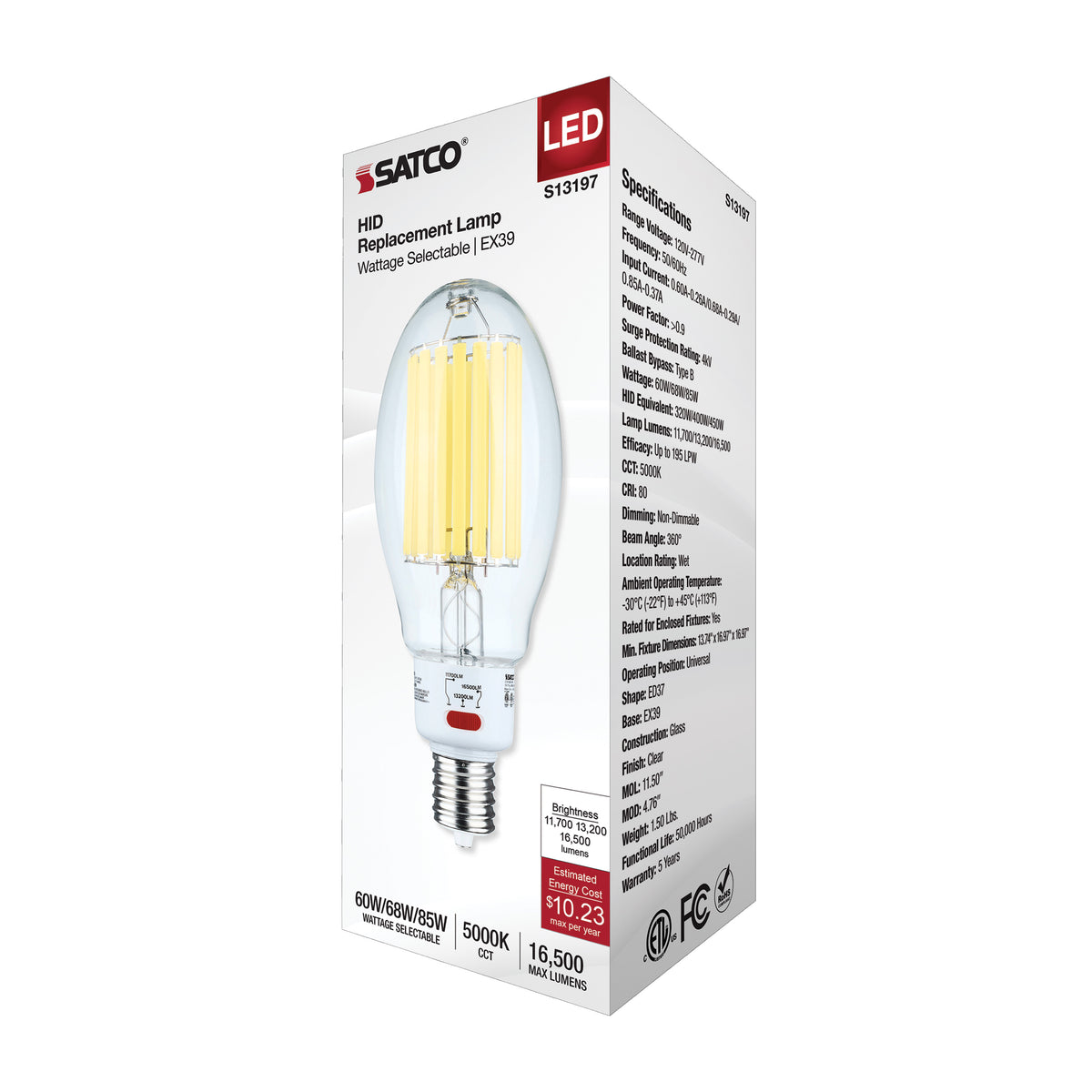 60/68/85 Wattage Selectable LED HID Replacement - ED37 - 5000K - Mogul Extended Base - Clear - 120-277 Range Voltage