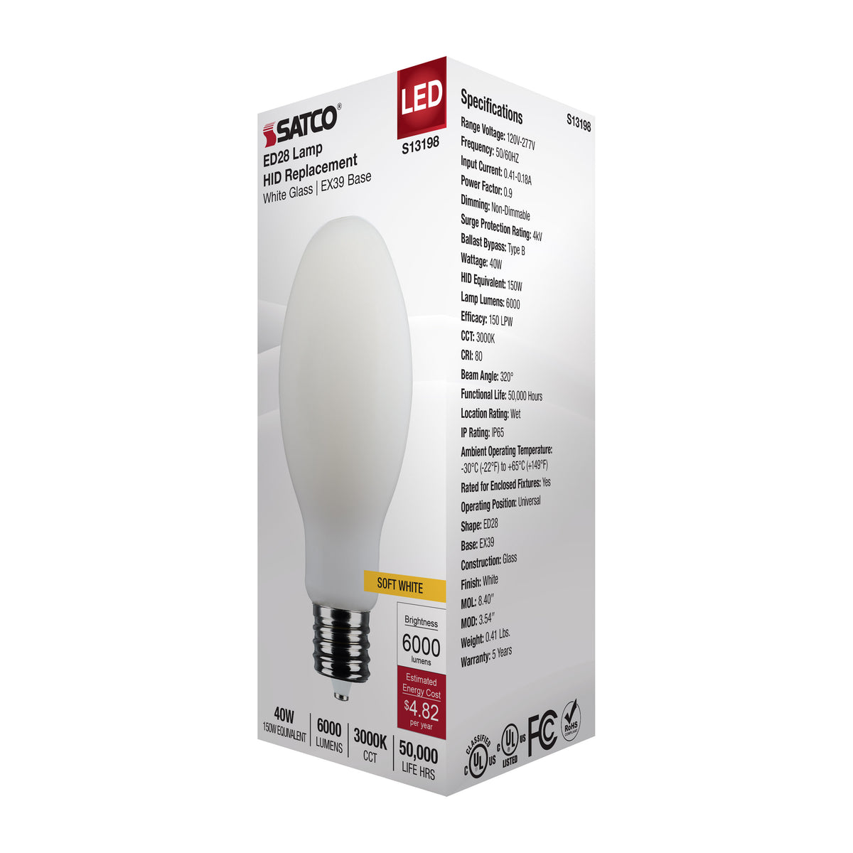 40 Watt LED HID Replacement - ED28 - 3000K CCT - Mogul Extended Base - 120-277 Range Voltage
