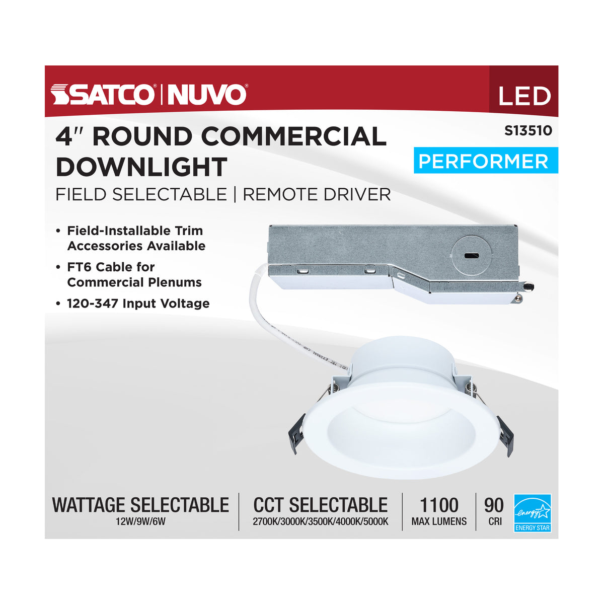 Performer Series Commercial LED Downlight - 4 Inch Round - 12W/9W/6W Wattage Selectable - 2700K/3000K/3500K/4000K/5000K CCT Selectable - Remote Driver - 120-347 Volt - 0-10V Dimming - Color trim accessories available