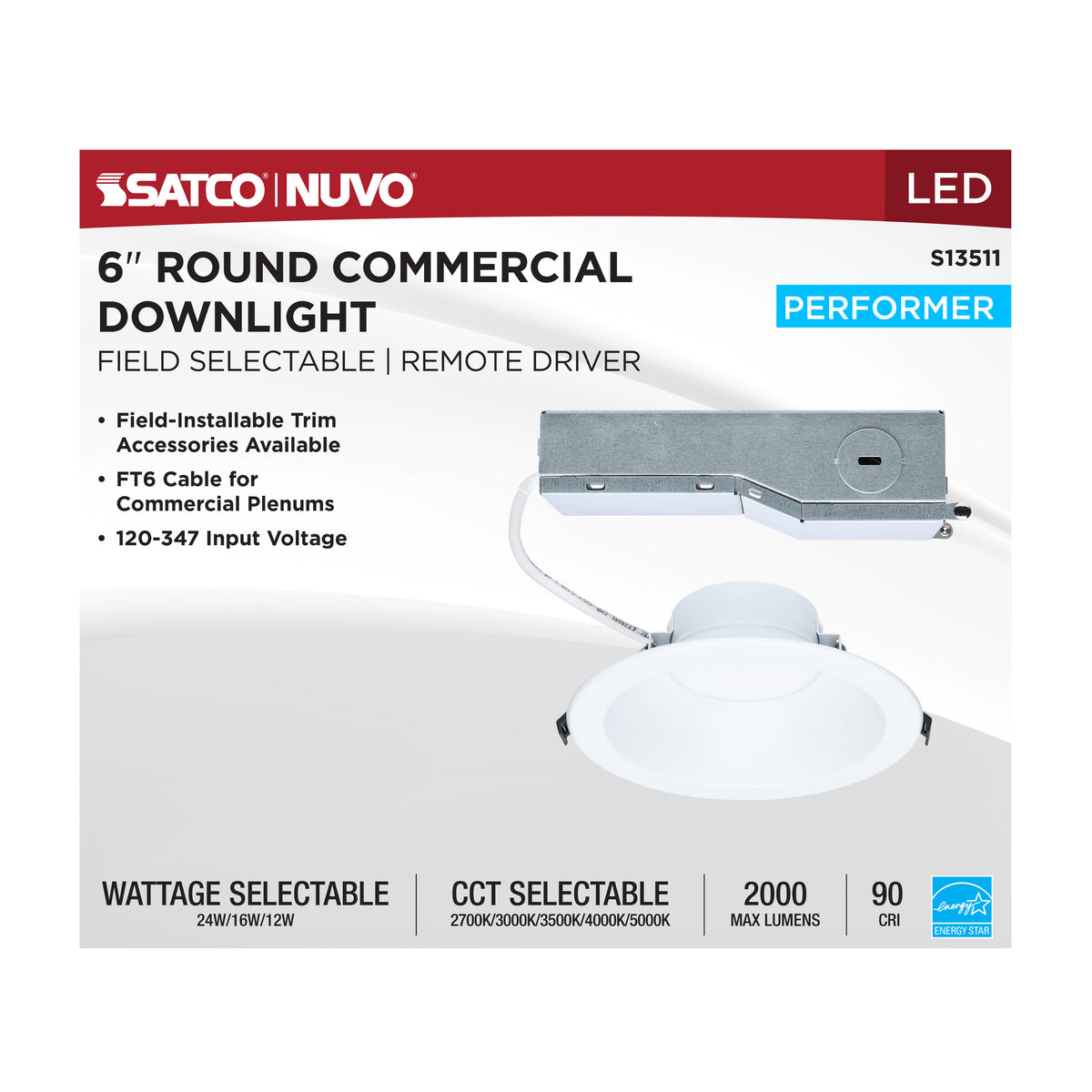 Performer Series Commercial LED Downlight - 6 Inch Round - 24W/16W/12W Wattage Selectable - 2700K/3000K/3500K/4000K/5000K CCT Selectable - Remote Driver - 120-347 Volt - 0-10V Dimming - Color trim accessories available