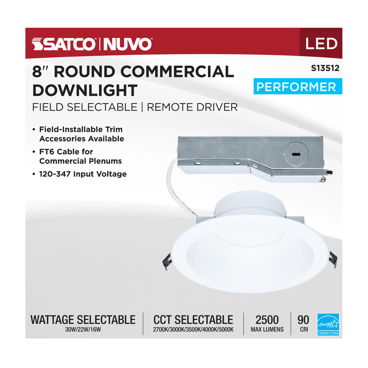 Performer Series Commercial LED Downlight - 8 Inch Round - 30W/22W/16W Wattage Selectable - 2700K/3000K/3500K/4000K/5000K CCT Selectable - Remote Driver - 120-347 Volt - 0-10V Dimming - Color trim accessories available
