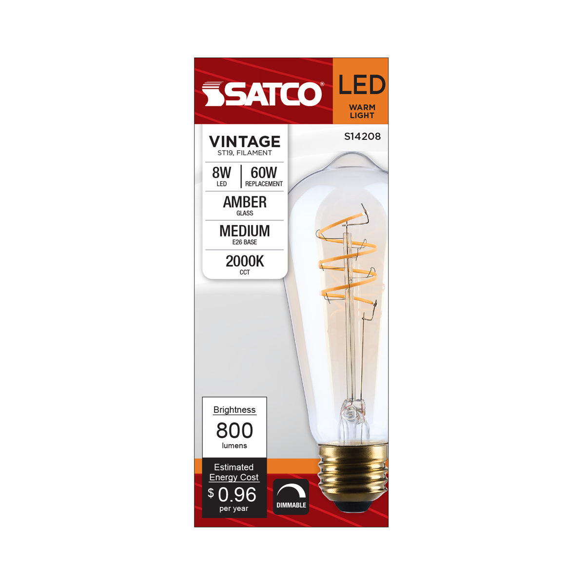 8 Watt ST19 LED - 2000K CCT - Medium Base - Clear Glass - Amber Coil Filament - Dimmable - 120 Volt