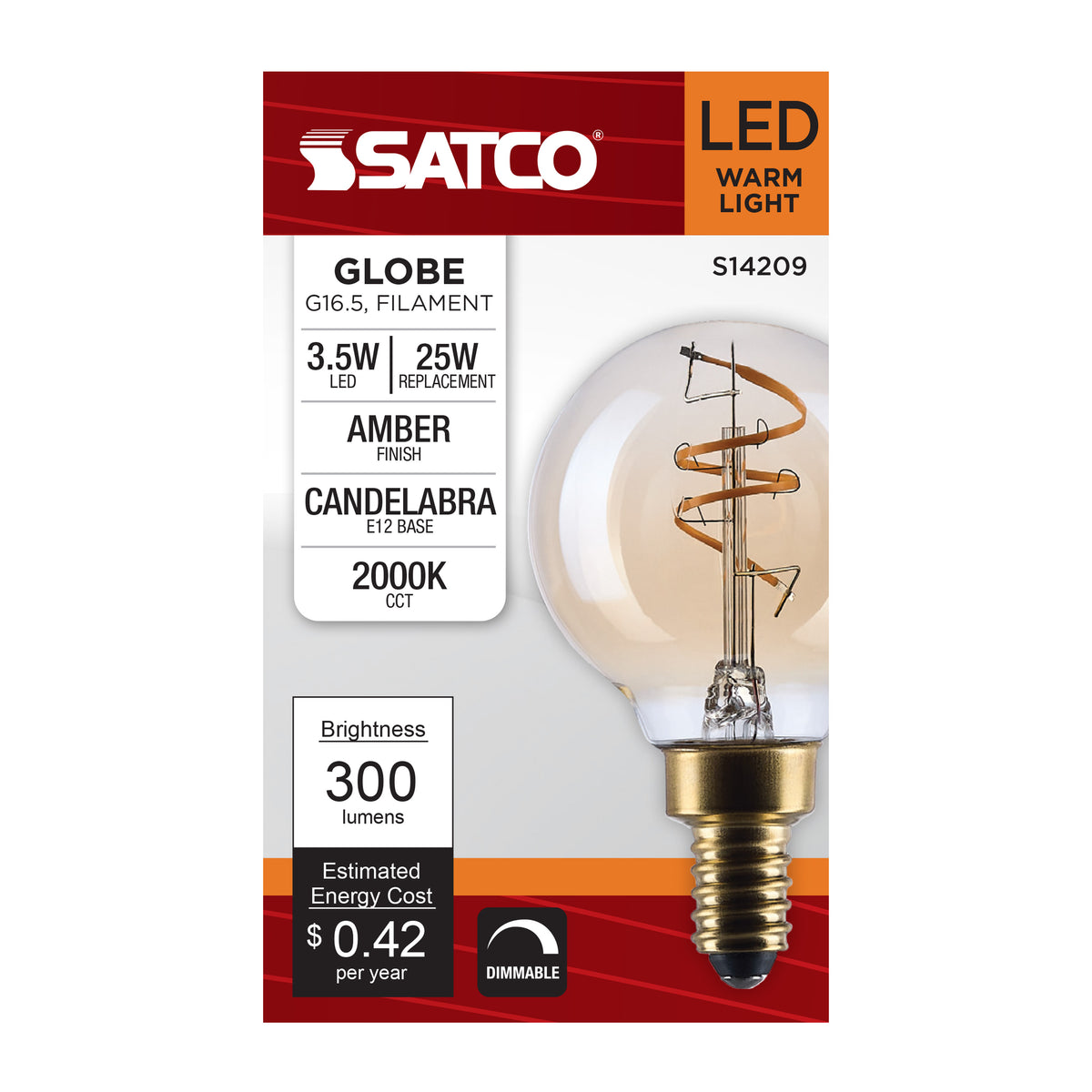 3.5 Watt G16.5 LED - 2000K CCT - Candelabra Base - Clear Glass - Amber Coil Filament - Dimmable - 120 Volt