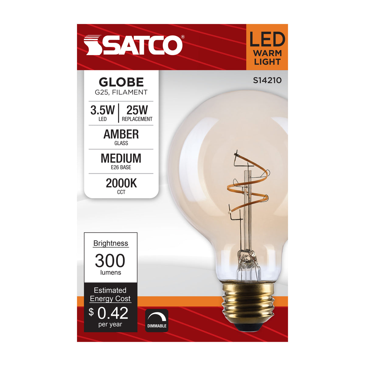 3.5 Watt G25 LED - 2000K CCT - Medium Base - Clear Glass - Amber Coil Filament - Dimmable - 120 Volt