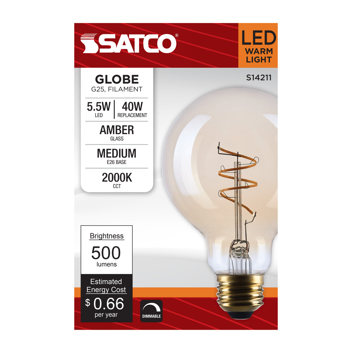 5.5 Watt G25 LED - 2000K CCT - Medium Base - Clear Glass - Amber Coil Filament - Dimmable - 120 Volt