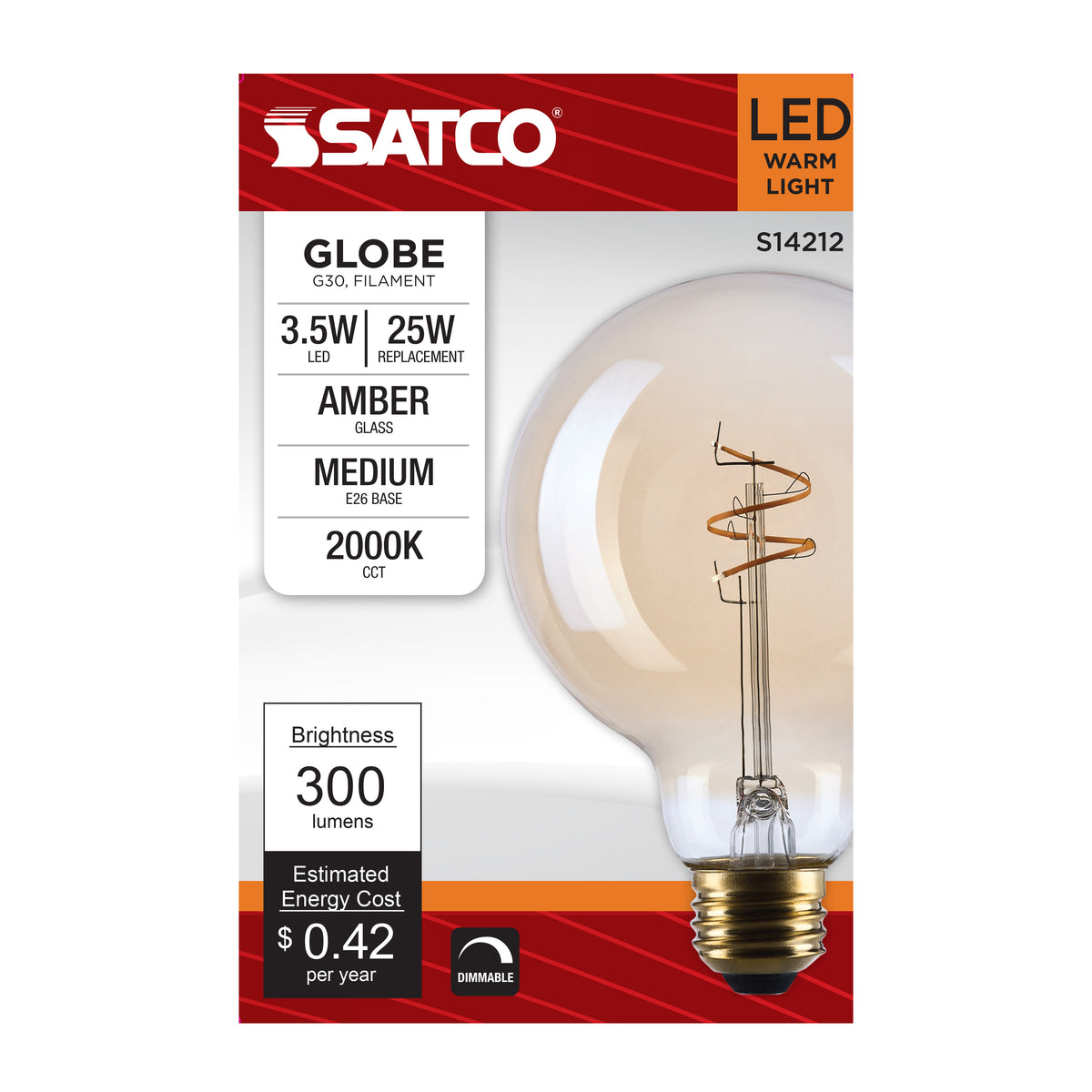 3.5 Watt G30 LED - 2000K CCT - Medium Base - Clear Glass - Amber Coil Filament - Dimmable - 120 Volt