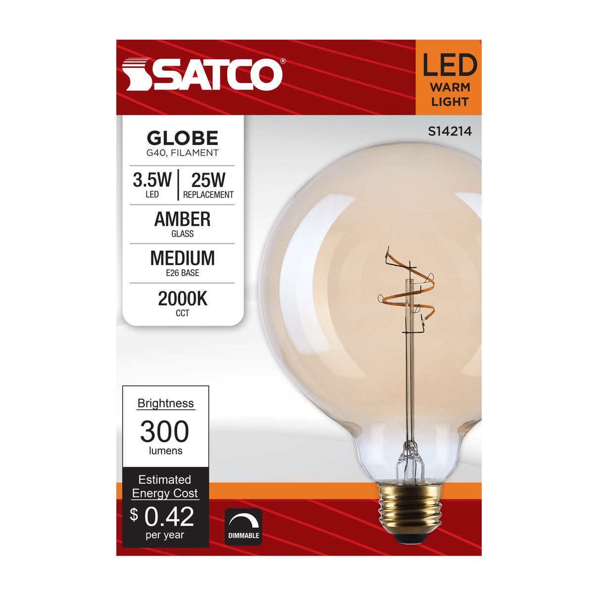 3.5 Watt G40 LED - 2000K CCT - Medium Base - Clear Glass - Amber Coil Filament - Dimmable - 120 Volt