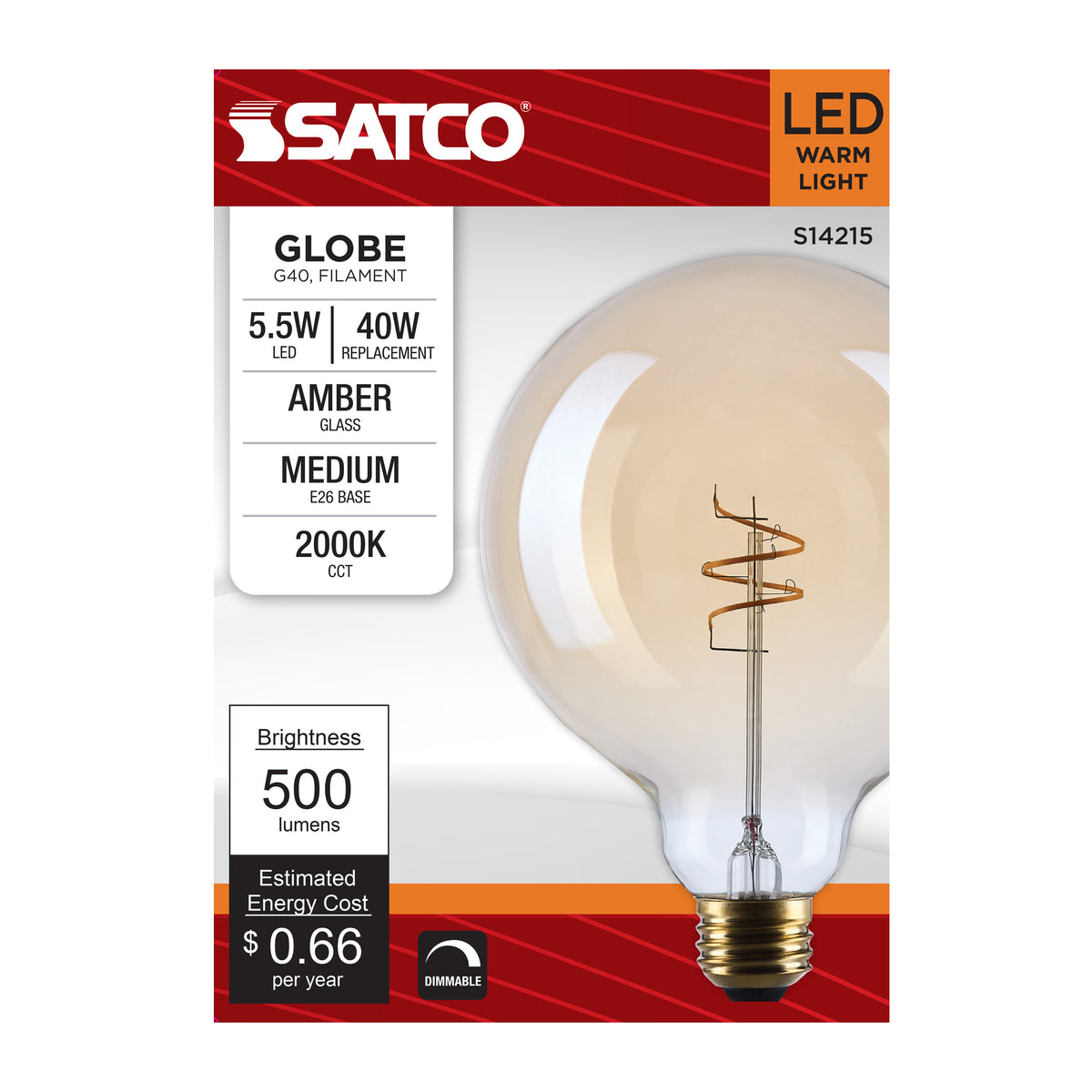 5.5 Watt G40 LED - 2000K CCT - Medium Base - Clear Glass - Amber Coil Filament - Dimmable - 120 Volt