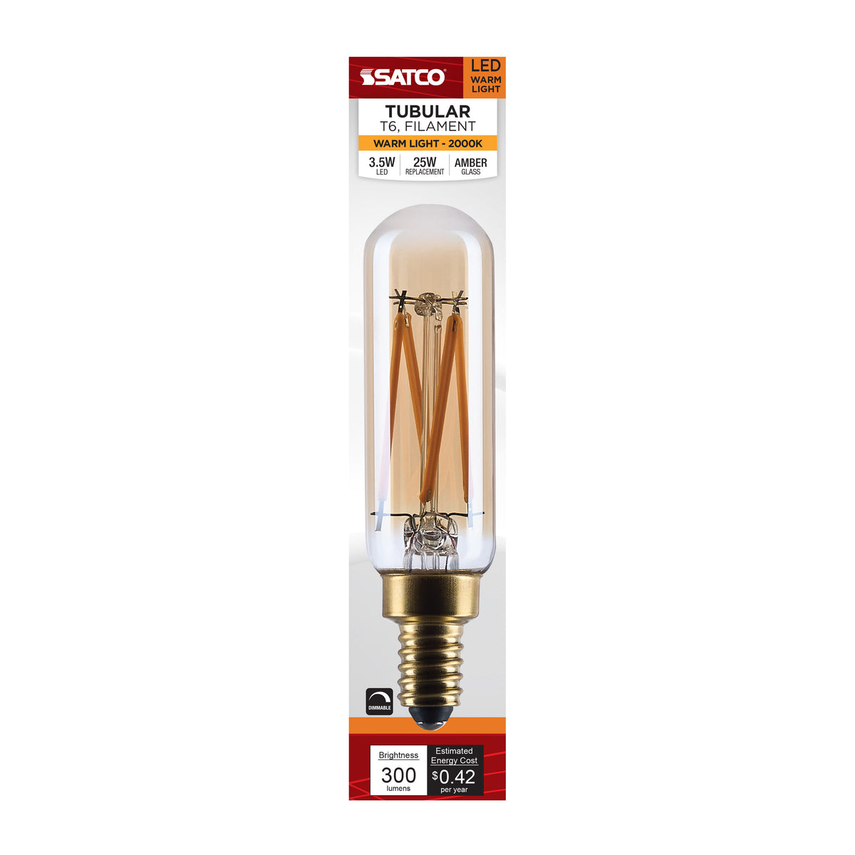 3.5 Watt T6 LED - 2000K CCT - Candelabra Base - Clear Glass - Amber Straight Filament - Dimmable - 120 Volt