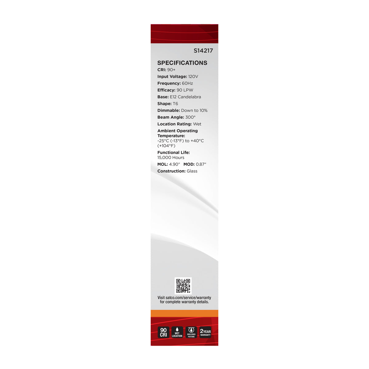 5.5 Watt T6 LED - 2000K CCT - Candelabra Base - Clear Glass - Amber Straight Filament - Dimmable - 120 Volt