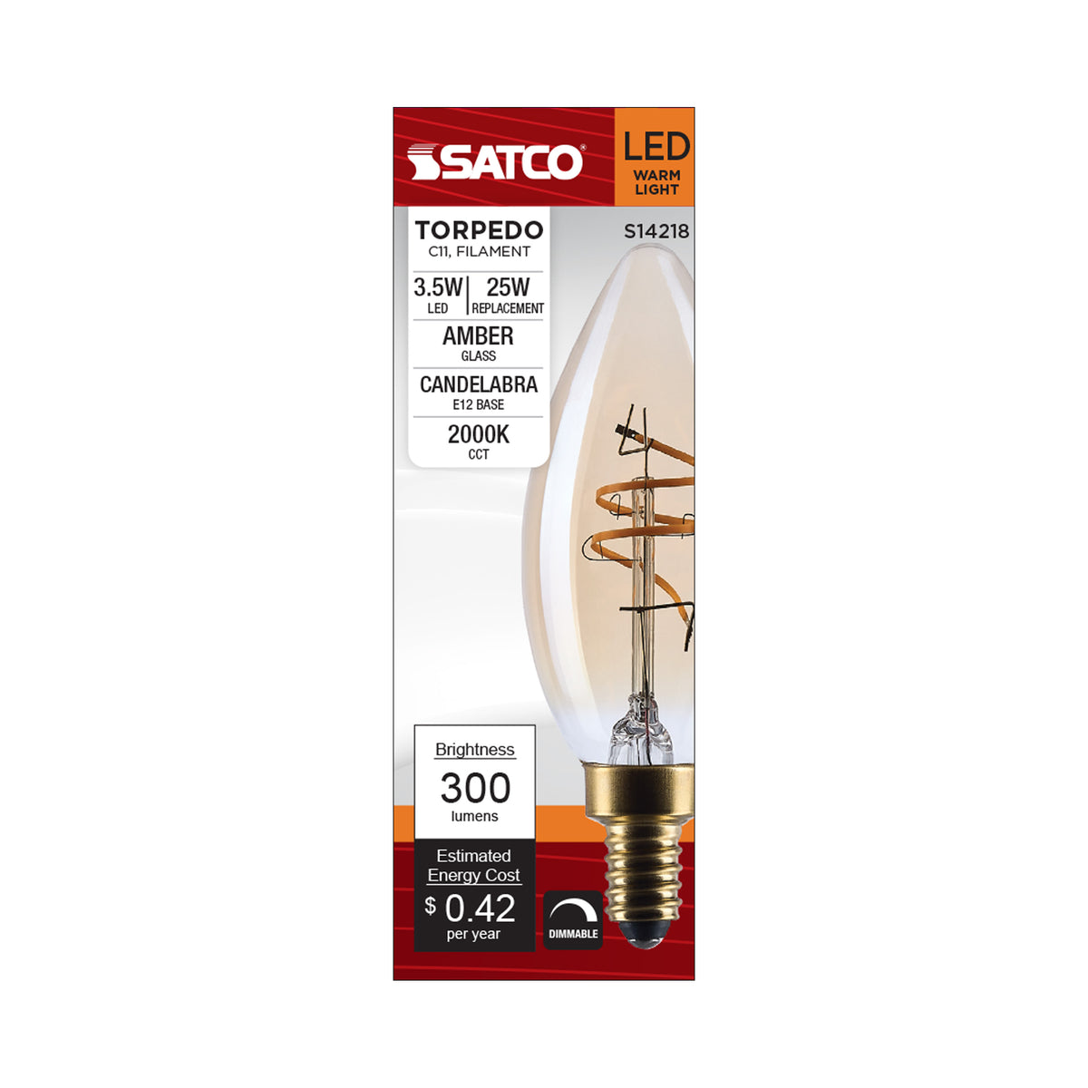 3.5 Watt C11 LED - 2000K CCT - Candelabra Base - Clear Glass - Amber Coil Filament - Dimmable - 120 Volt