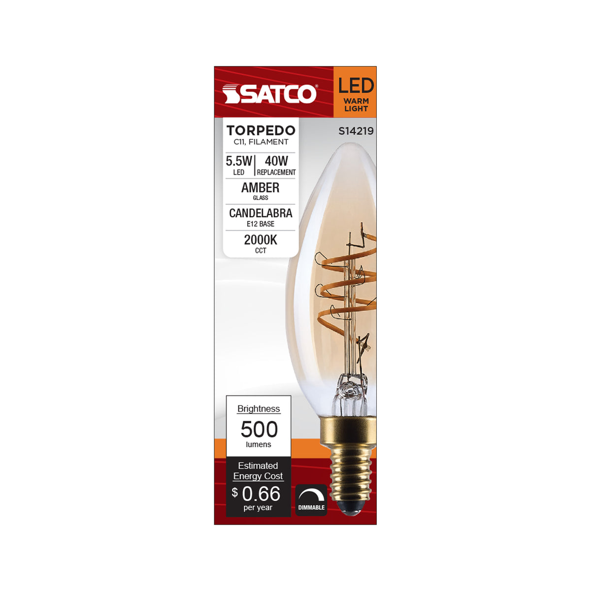 5.5 Watt C11 LED - 2000K CCT - Candelabra Base - Clear Glass - Amber coil Filament - Dimmable - 120 Volt