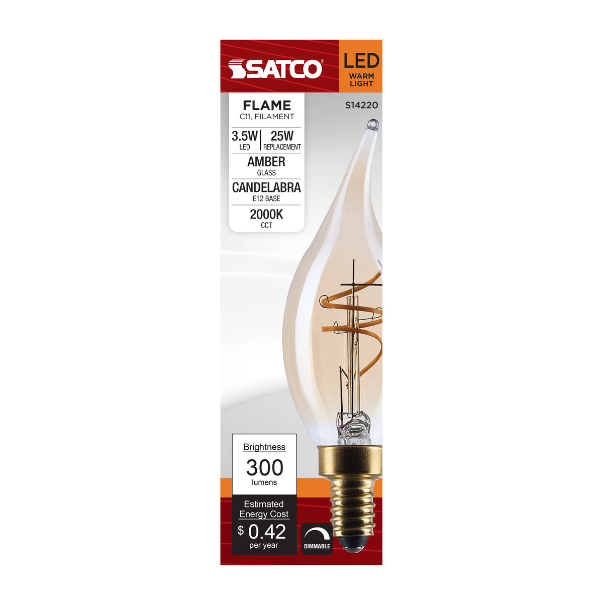 3.5 Watt CA11 LED - 2000K CCT - Candelabra Base - Clear Glass - Amber Coil Filament - Dimmable - 120 Volt