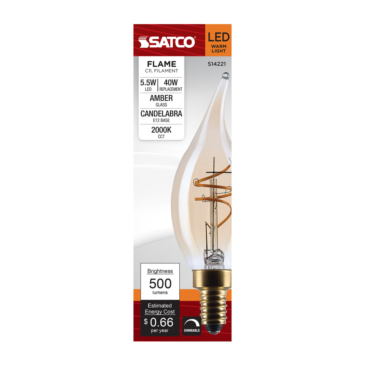 5.5 Watt CA11 LED - 2000K CCT - Candelabra Base - Clear Glass - Amber Coil Filament - Dimmable - 120 Volt