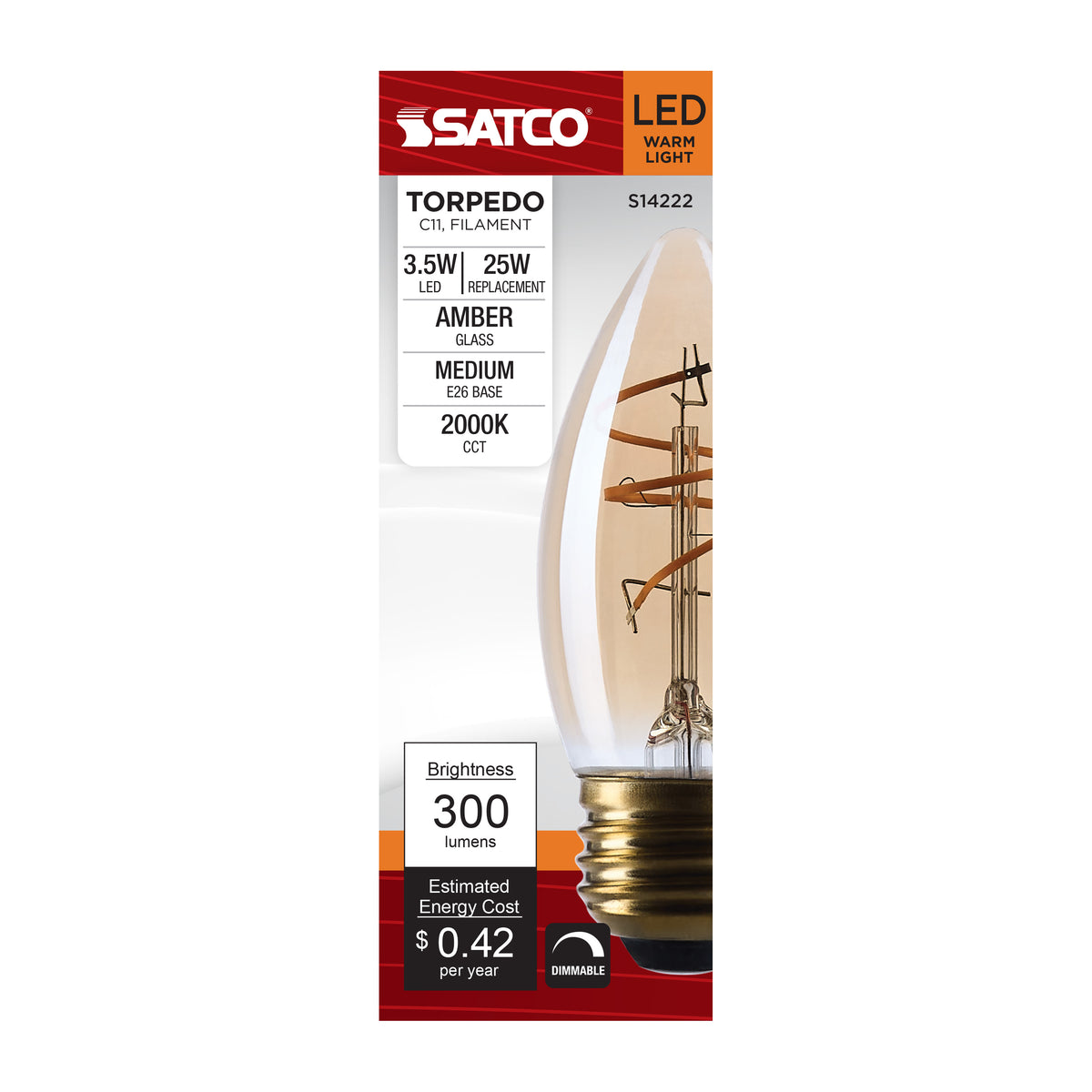 3.5 Watt C11 LED - 2000K CCT - Medium Base - Clear Glass - Amber Coil Filament - Dimmable - 120 Volt