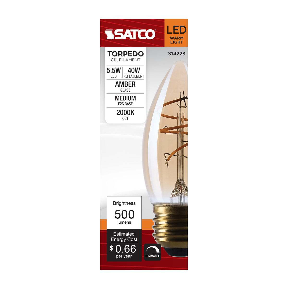 5.5 Watt C11 LED - 2000K CCT - Medium Base - Clear Glass - Amber Coil Filament - Dimmable - 120 Volt