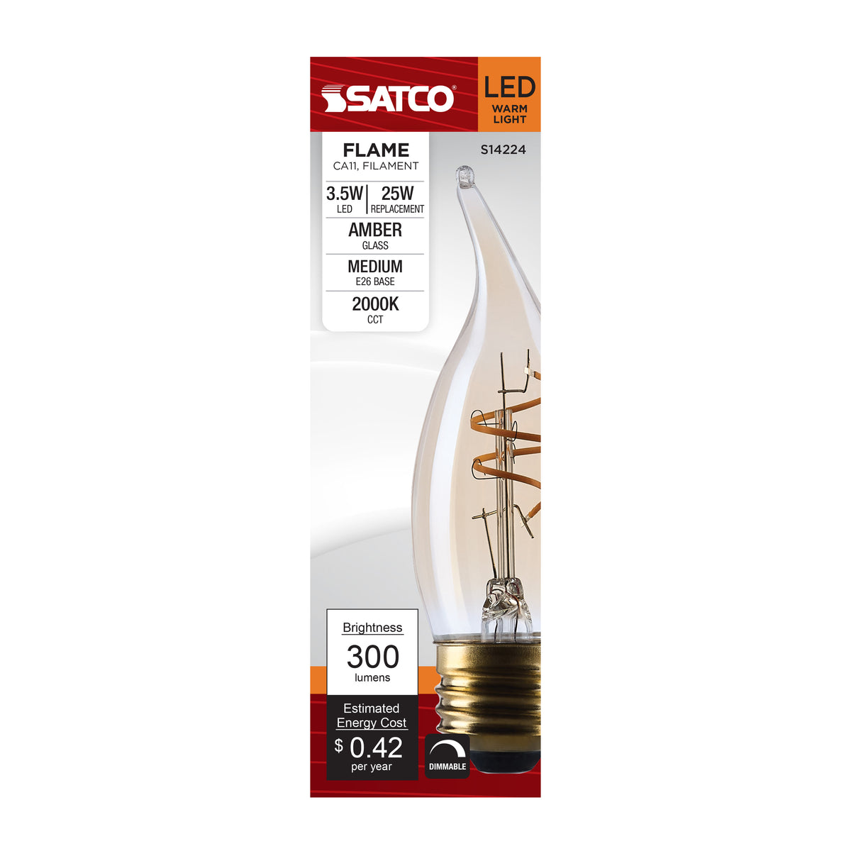 3.5 Watt CA11 LED - 2000K CCT - Medium Base - Clear Glass - Amber Coil Filament - Dimmable - 120 Volt