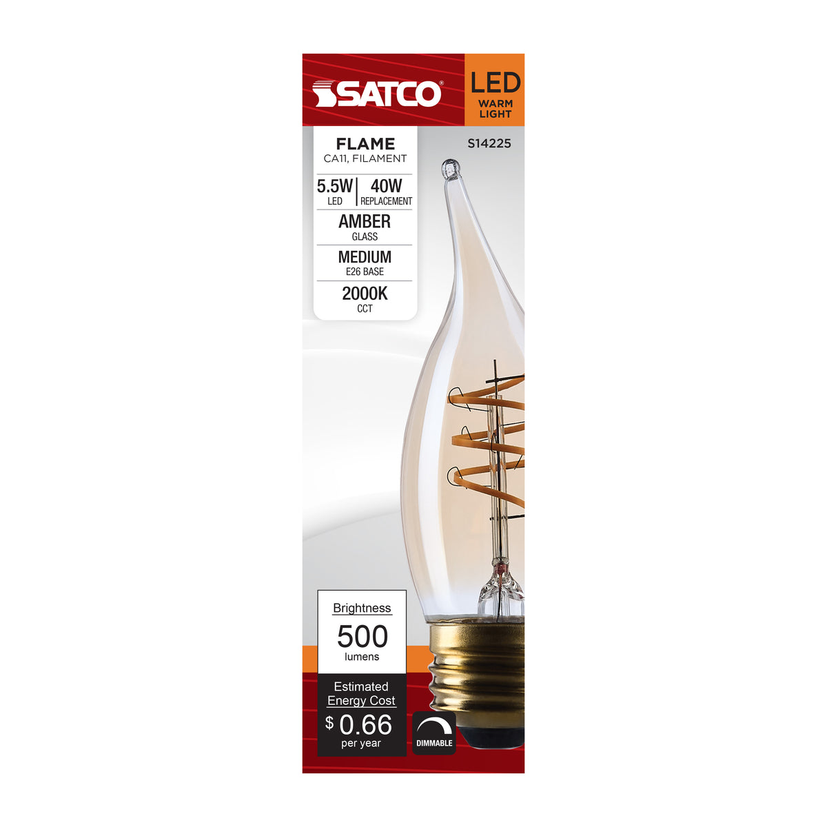 5.5 Watt CA11 LED - 2000K CCT - Medium Base - Clear Glass - Amber Coil Filament - Dimmable - 120 Volt