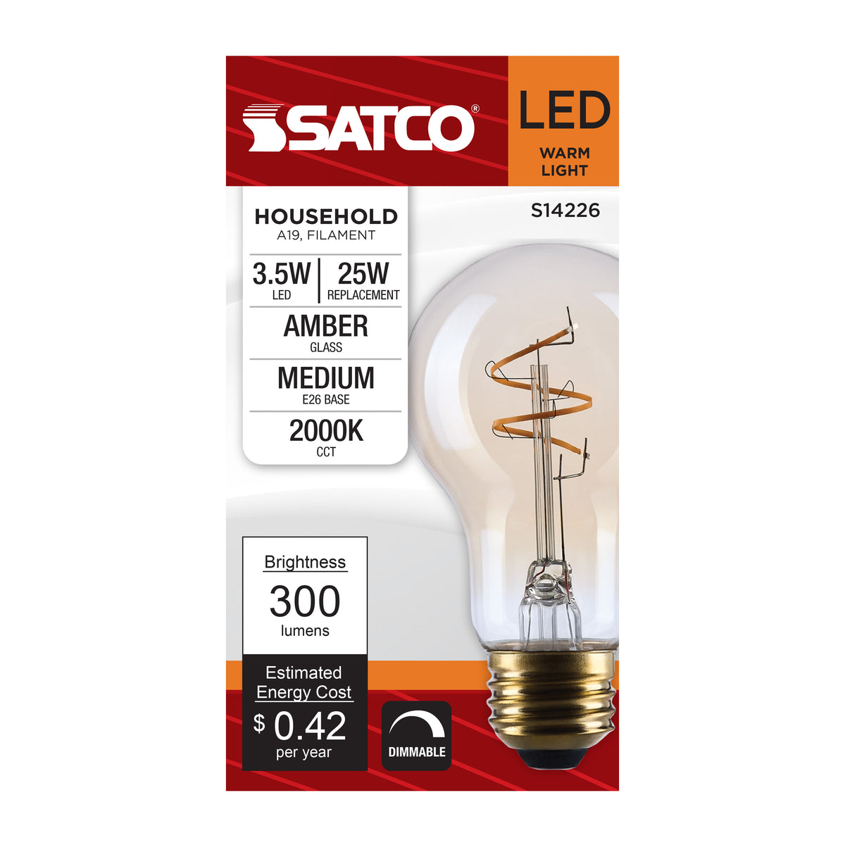 3.5 Watt A19 LED - 2000K CCT - Medium Base - Clear Glass - Amber Coil Filament - Dimmable - 120 Volt