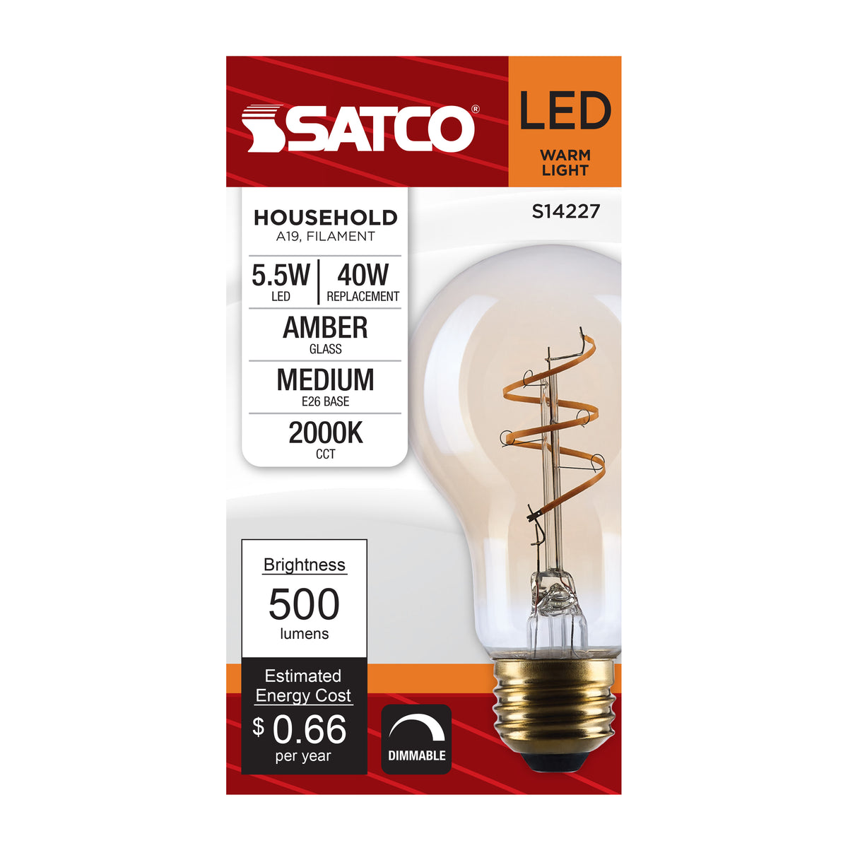 5.5 Watt A19 LED - 2000K CCT - Medium Base - Clear Glass - Amber Coil Filament - Dimmable - 120 Volt