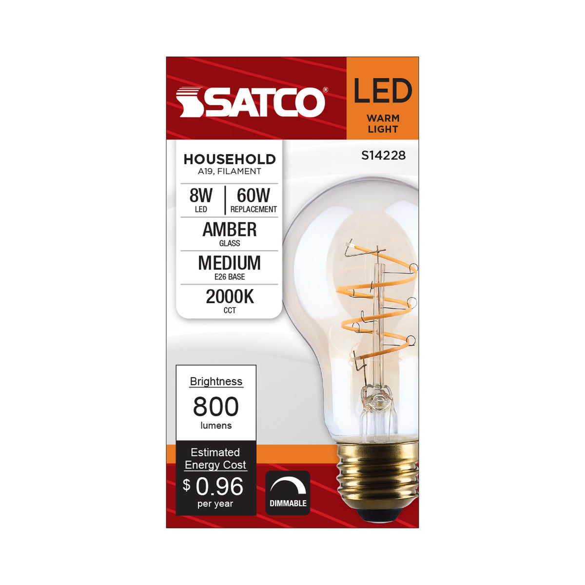 8 Watt A19 LED - 2000K CCT - Medium Base - Clear Glass - Amber Coil Filament - Dimmable - 120 Volt