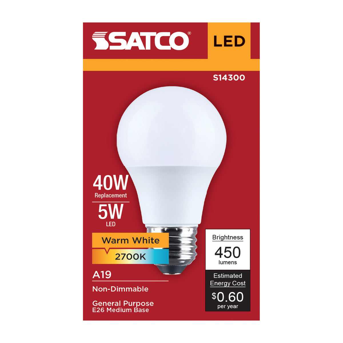 5 Watt LED A19 - 2700K CCT - Medium Base - Plastic - 120 Volt - 1-Pack
