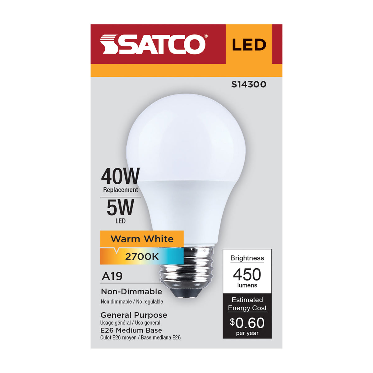 5 Watt LED A19 - 2700K CCT - Medium Base - Plastic - 120 Volt - 1-Pack