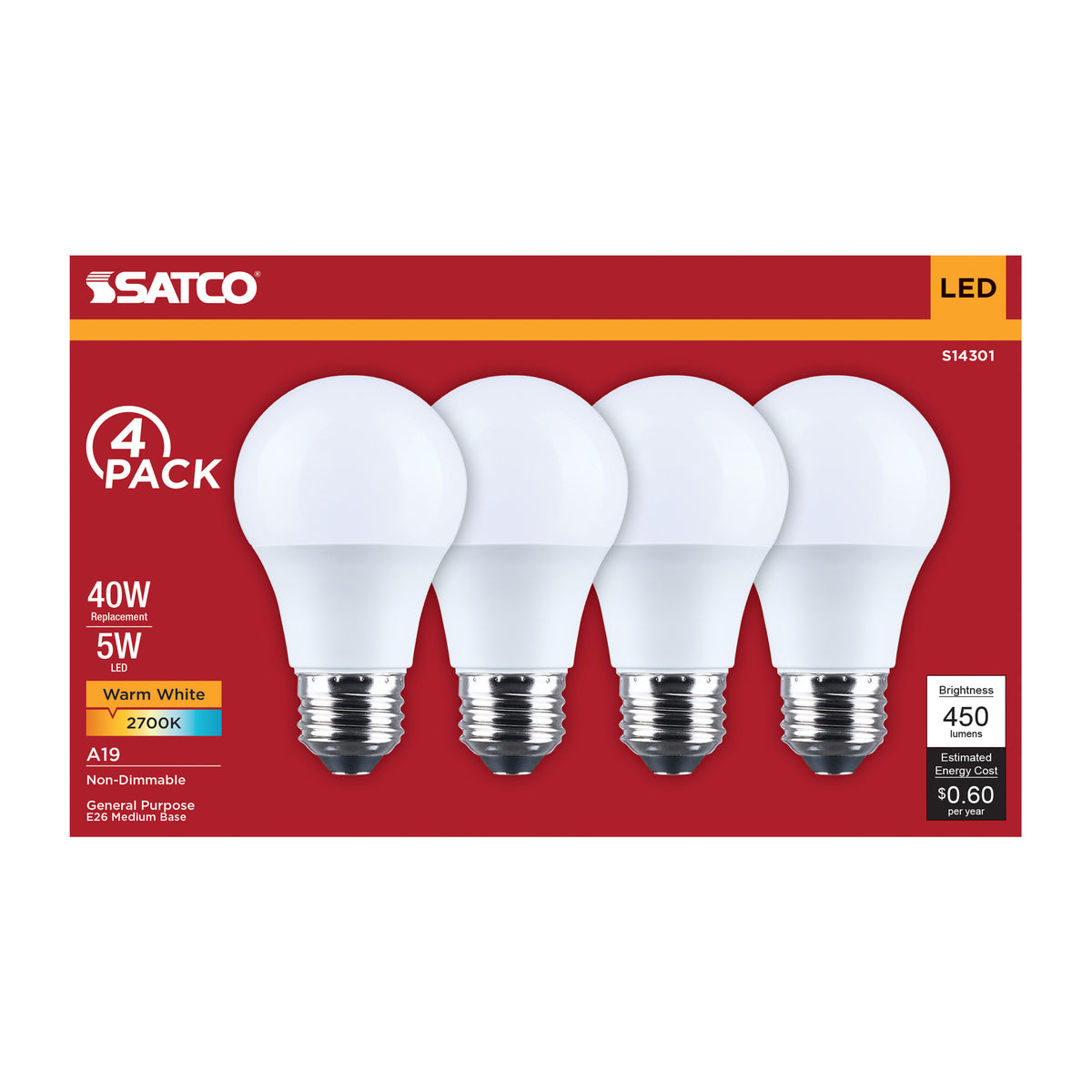 5 Watt LED A19 - 2700K CCT - Medium Base - Plastic - 120 Volt - 4-Pack