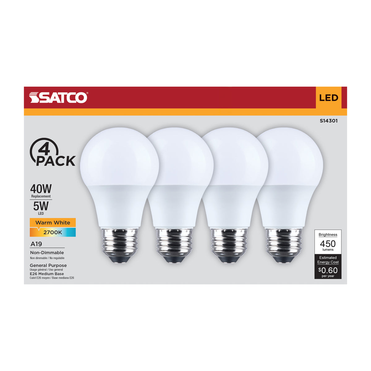 5 Watt LED A19 - 2700K CCT - Medium Base - Plastic - 120 Volt - 4-Pack