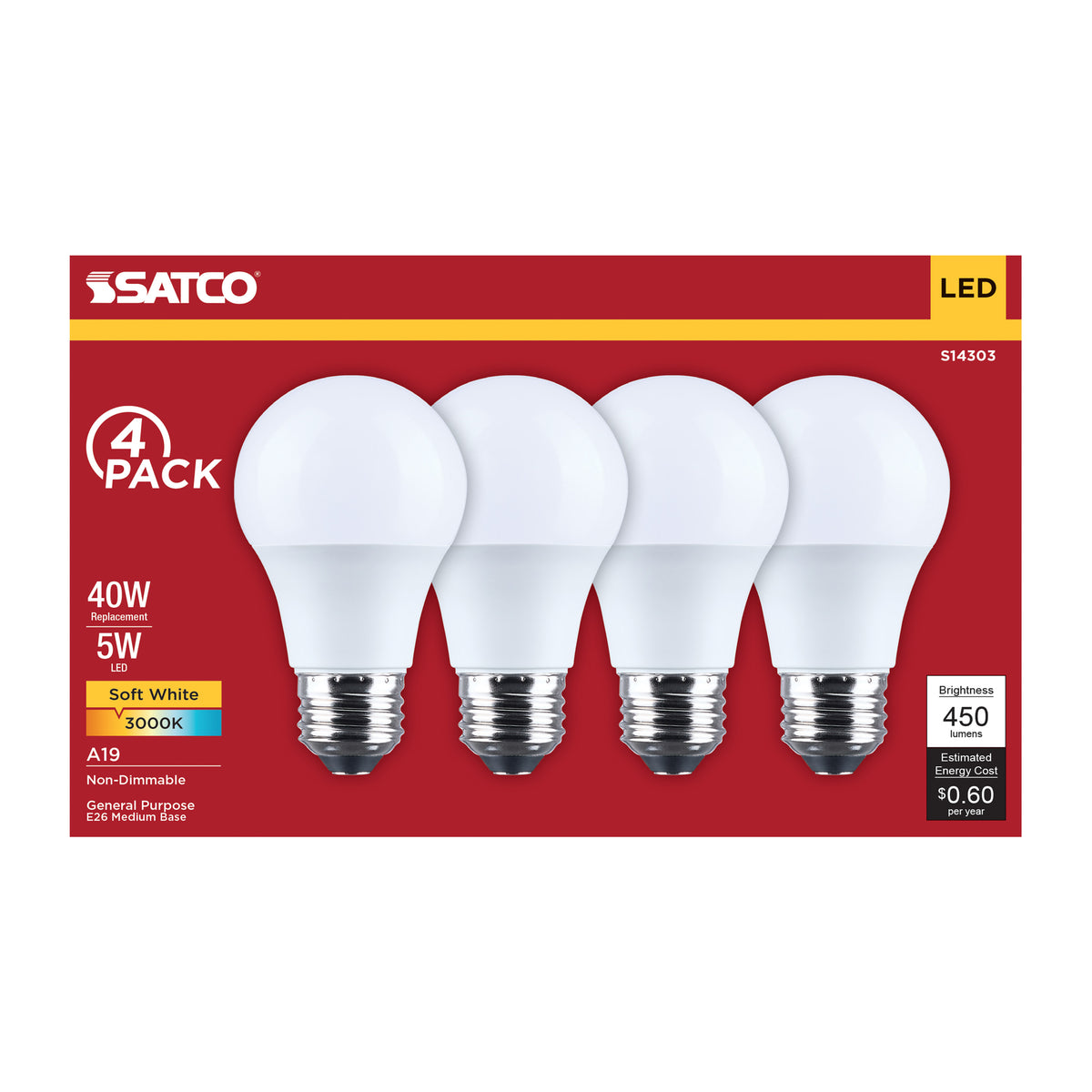 5 Watt LED A19 - 3000K CCT - Medium Base - Plastic - 120 Volt - 4-Pack