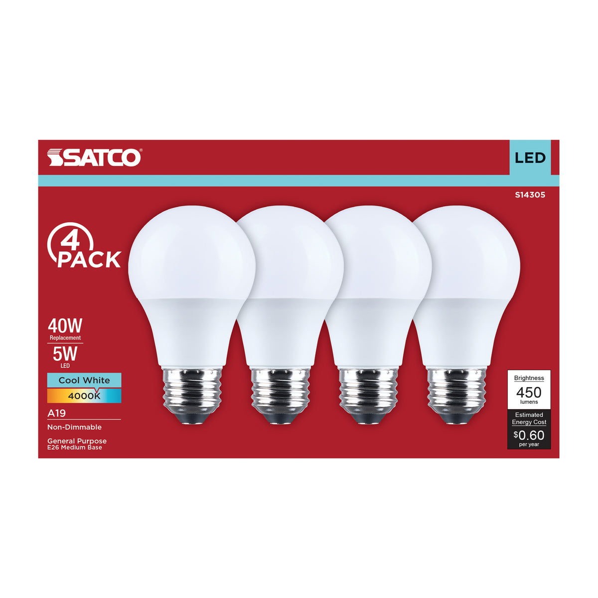 5 Watt LED A19 - 4000K CCT - Medium Base - Plastic - 120 Volt - 4-Pack