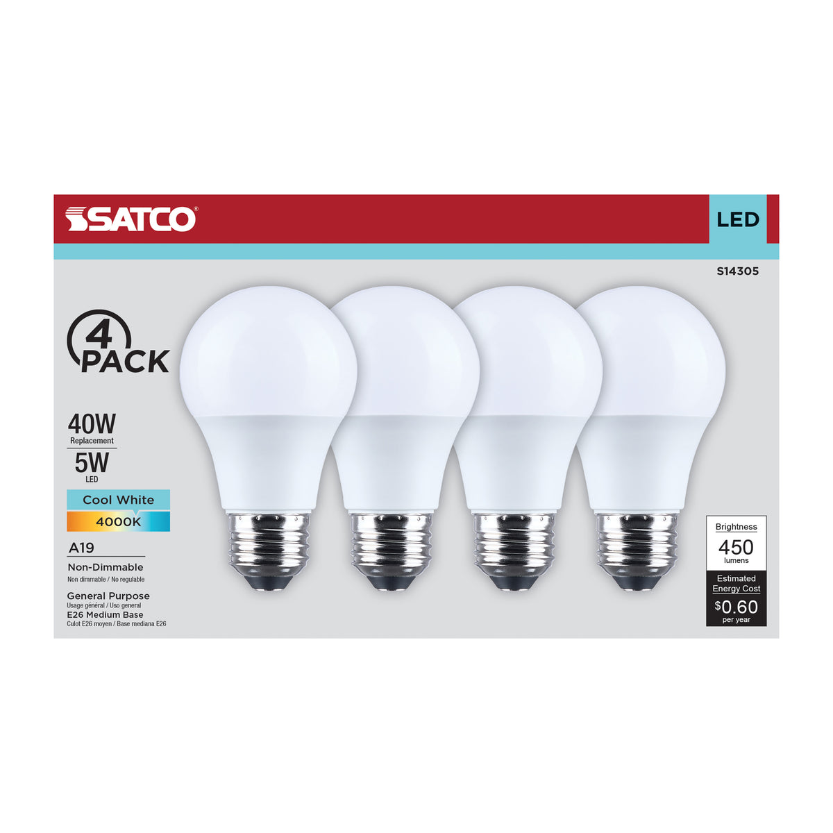 5 Watt LED A19 - 4000K CCT - Medium Base - Plastic - 120 Volt - 4-Pack