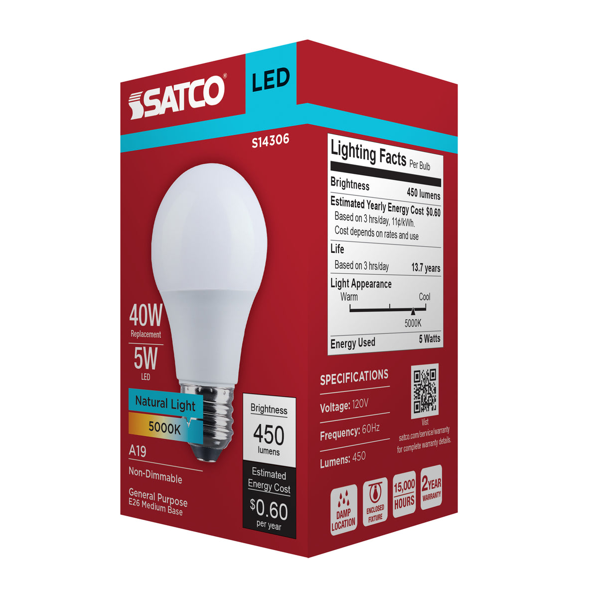 5 Watt LED A19 - 5000K CCT - Medium Base - Plastic - 120 Volt - 1-Pack