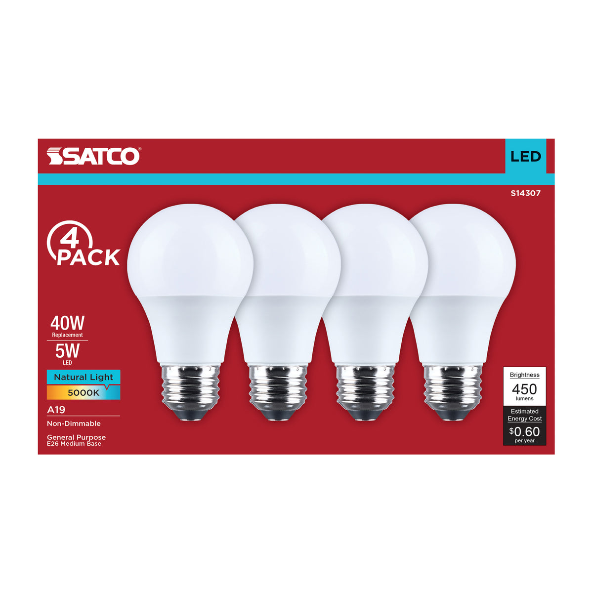 5 Watt LED A19 - 5000K CCT - Medium Base - Plastic - 120 Volt - 4-pack